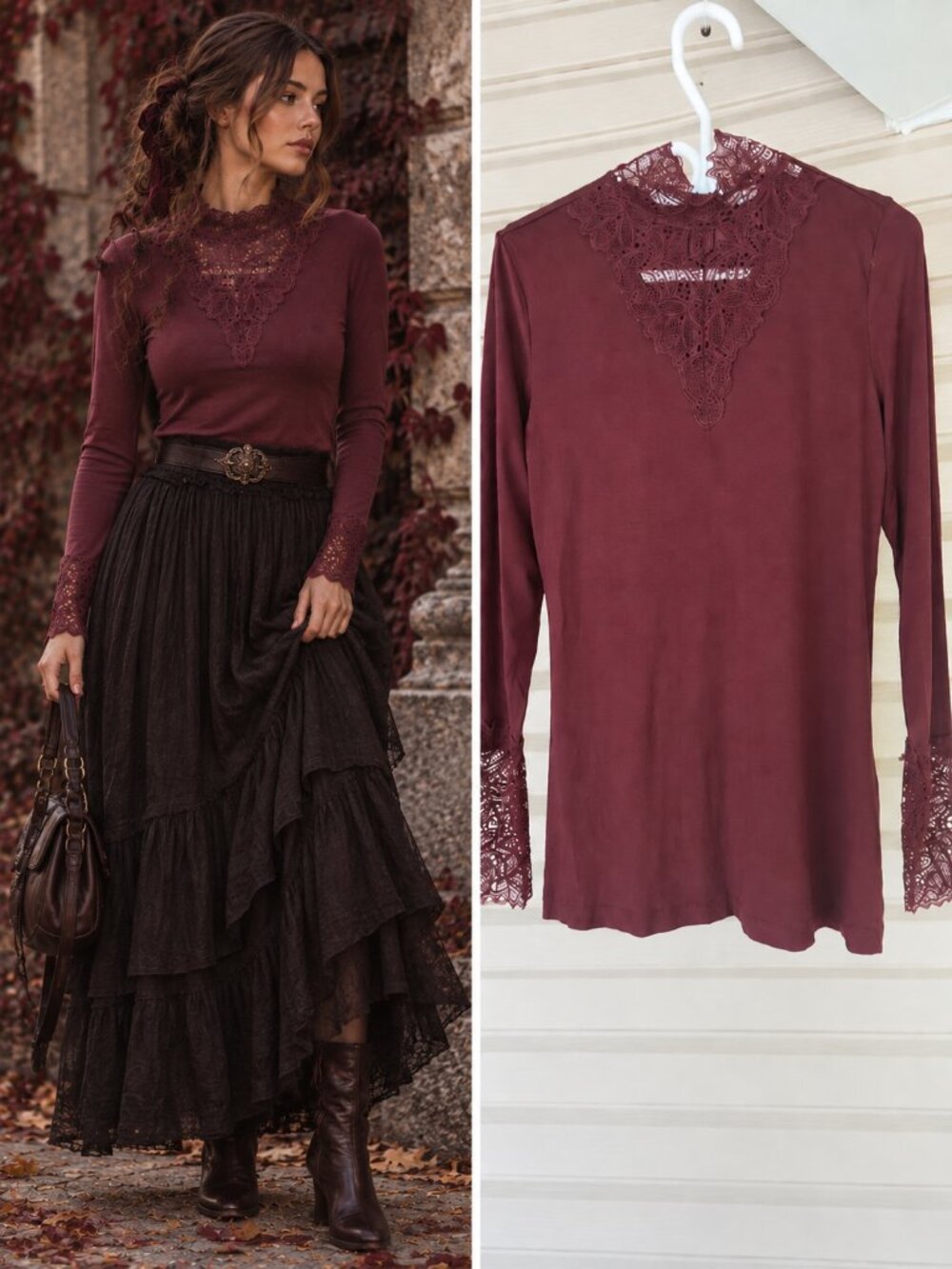 Soyaconcept Burgundy Lace Cuff Long Sleeve Top High Neck Whimsigoth L